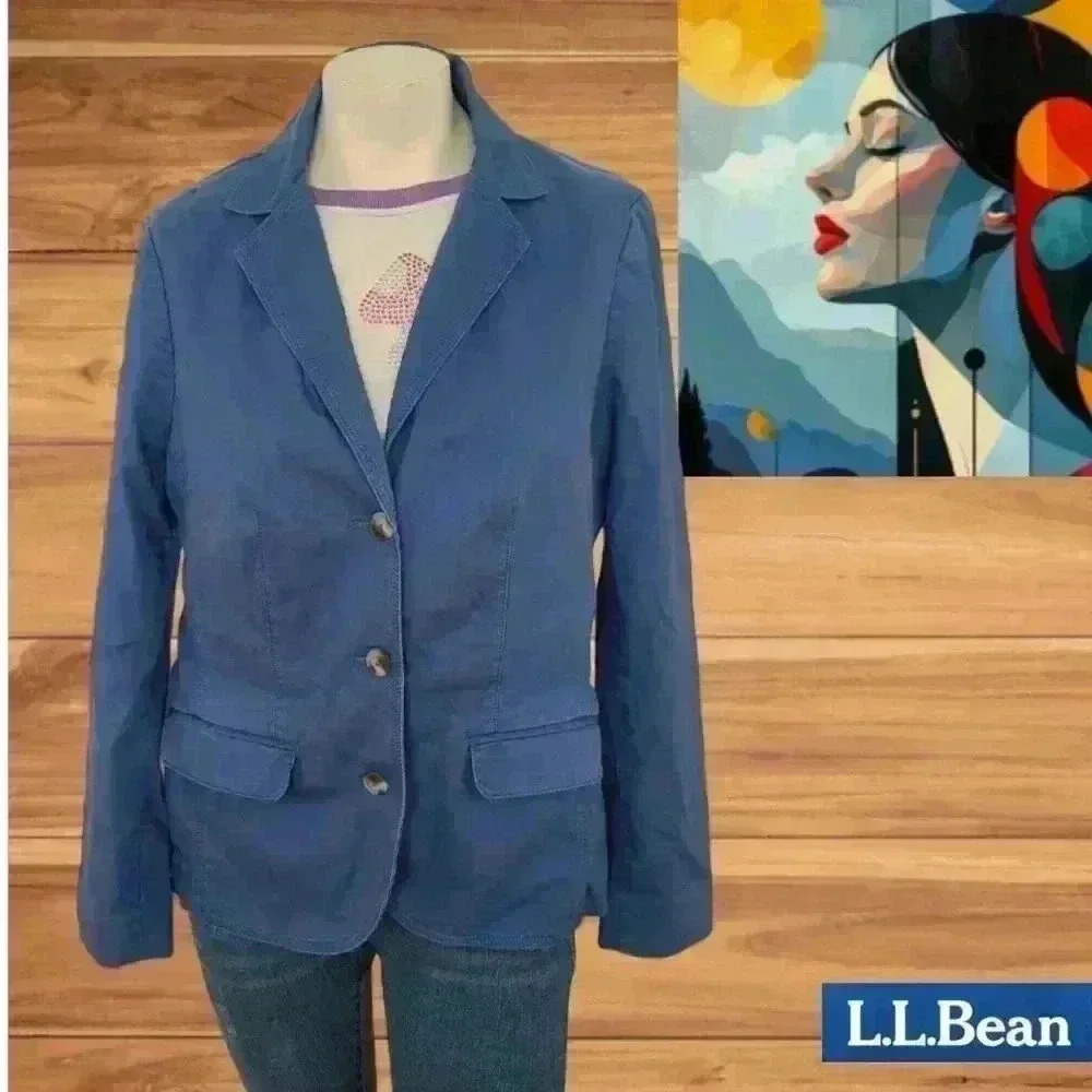 LL Bean Jacket Womens Blue Denim Fitted Blazer Stretch Sz S